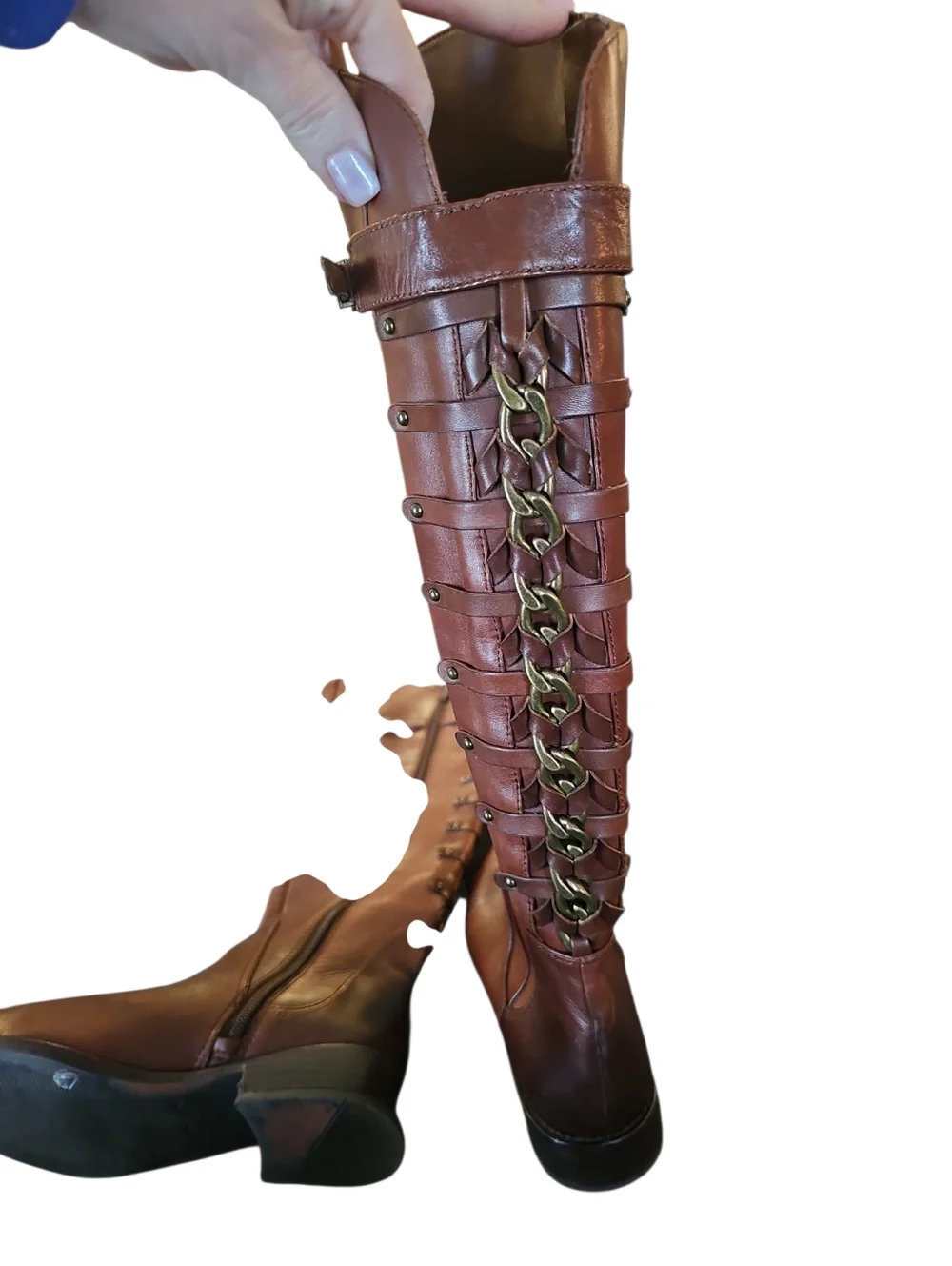 Gianni Bini Sz 6.5 Chain Detail Tall Brown leather Riding boots